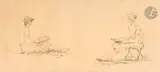 Deux études de Yolande Osbert dessinant assise par terre et assise sur un tabouret, à Vauville (Manche) by Alphonse Osbert, 1929, Crayon noir, sold Jun 2025