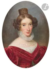 Portrait présumé Madame Anould-Senart by Jean-Baptiste Germain, vers 1830, Toile d’origine rectangulaire à vue ovale (Étiquettes au revers mentionnant l’attribution), sold Jun 2025