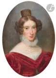 Portrait présumé Madame Anould-Senart by Jean-Baptiste Germain, vers 1830, Toile d’origine rectangulaire à vue ovale (Étiquettes au revers mentionnant l’attribution), sold Jun 2025
