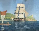 Voilier et pirogues dans la baie by Étienne Blandin, Aquarelle gouachée, sold Nov 2023