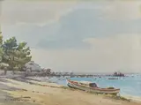 Pinasse sur la plage by Henri d'HAUTERIVE, Aquarelle, sold Nov 2023