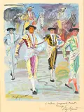 El Paseo Barcelone, le défilé dans les arènes by Edy Legrand, Aquarelle et gouache signée en bas à gauche, contresigné avec envoi en bas à gauche, sold Nov 2024