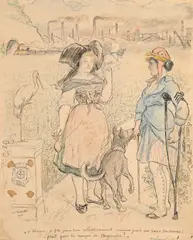 O France, je file pour ton rétablissement, comme jadis ma Soeur Bretonne filait pour la rançon de Duguesclin ! by Adolphe Léon Willette, 1919, Encre, crayons de couleurs, sold Nov 2024
