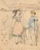 O France, je file pour ton rétablissement, comme jadis ma Soeur Bretonne filait pour la rançon de Duguesclin ! by Adolphe Léon Willette, 1919, Encre, crayons de couleurs, sold Nov 2024
