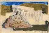 Couple devant une architecture by Jean Souverbie, Pastel et traits de crayon, sold Nov 2024