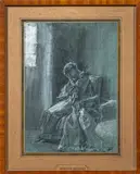 Manon à Saint-Sulpice by Pascal Dagnan-Bouveret, Crayon noir et craie blanche sur papier bleu, sold Nov 2024