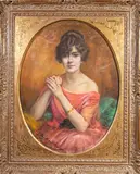 Portrait de femme à la robe rose by Jane Daniela Montchenu-Lavirotte, Pastel ovale marouflé sur toile signé en bas à gauche, sold Nov 2024