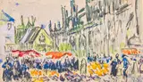 Quimper, la cathédrale Saint-Corentin, jour de marché by Paul Signac, Aquarelle, sur une page de carnet, sold Nov 2024