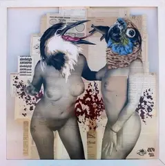 Remember your pills by Vinz Feel Free, 2014, Gouache et encre sur collage de papier ancien encapsuler dans du méthacrylate, sold Jun 2017