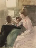 Trois femmes au salon by Paul-Albert Besnard, Aquarelle sur traits de crayon, sold May 2024