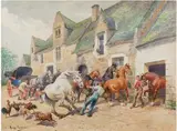 Le relais de poste by Georges Louis Charles Busson, Aquarelle, sold Mar 2022