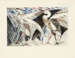 Les grues by Henry de Waroquier, 1908, Aquarelle, gouache et encre de Chine sur deux feuilles assemblées, sold Jul 2024