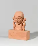 Tête de faunesse entre deux bébés faunes à têtes cornues by Jean-René Debarre, Terre cuite patinée rose, sold Nov 2025