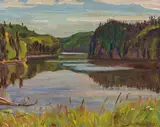 Black Fox Lake, Trans-Canada Highway by A. Y. Jackson, 1962, oil on board, sold Nov 2023