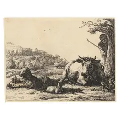 Cow, Adult Sheep, and Young Sheep Lying in the Grass by Karel Dujardin, Etching on paper, sold Sep 2025
