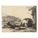 Cow, Adult Sheep, and Young Sheep Lying in the Grass by Karel Dujardin, Etching on paper, sold Sep 2025