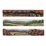 Three Landscape Panels by Judy Rand, Oil and oil crayon on relief carved panel, sold Sep 2025