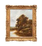 Untitled - Figural Cottage Scene by a Creek by Joseph Thors, oil on canvas, sold Nov 2025