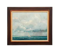 Untitled - Sail Boat on the Ocean - mid 20th century by Eric Sloane, oil on masonite, sold Nov 2025