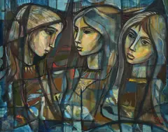 modern painting "3 Girls by Irving Amen, oil on canvas, sold Oct 2023