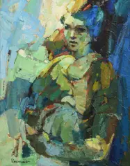 painting "Seated Woman by Irving Rosenzweig, oil on canvas, sold Oct 2023