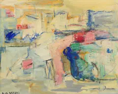Abstract Expressionist painting by Ruth Abrams, oil on masonite, sold Oct 2023