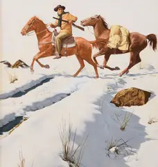 Western illustration painting depicting a cowboy with two horses in the snow by Stanley Borack, gouache on board, sold Oct 2023
