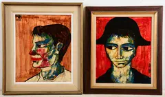 (2) portrait paintings by Pierre Mas, oil on board, sold Oct 2023