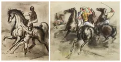 (2) Equestrian paintings depicting polo players and two men with a horse by Stephen Csoka, mixed media with ink, sold Oct 2023