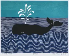 VT artist by Stephen Huneck, woodblock "The Whale", sold Nov 2023
