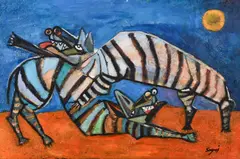 hyenas by Expressionist painting of, oil on canvas, sold Nov 2023