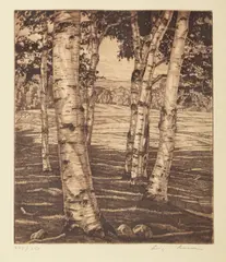 Untitled by Luigi Lucioni, etching "Birches and Beyond", sold Nov 2023