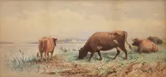 Cattle Grazing by the Water, A Village on the Distant Shore, 1891 by Frederick Arthur Verner, 1891, watercolour on paper, sold Feb 2026