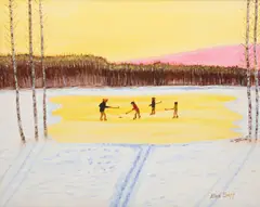 Untitled (Hockey) by Allen Sapp, acrylic on canvas, sold Mar 2026