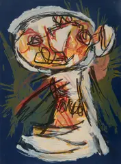 Untitled (Composition sur fond bleu) by Karel Appel, colour lithograph, sold Mar 2026