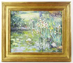 lilies in a pond by Jan Pawlowski, oil on canvas, sold Apr 2024