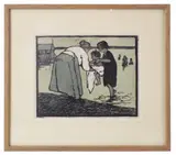 beach scene by Eliza Draper Gardiner, woodcut, sold Apr 2024
