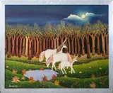 folk art painting of a unicorn family by Branko Paradis, 1978, oil on canvas, sold Nov 2023