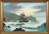 Tall masted ship in a bay - Oil by William Henry Stockman, Oil on canvas -Signed lower right -, sold Aug 2026