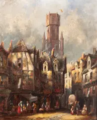 'Street scene by Henry Schafer, Oil on canvas -Signed lower right -, sold Jul 2026