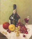 Still life study of bottle and fruits - Oil by E M Reid, Oil on board -, offered Jul 2026