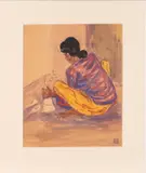 Native figures outside a house on stilts by Vivien White, 1969, Oil on paper -, sold Jul 2026