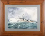 Typhoon Season HMS Caprice 1945 by Brian Huby, Watercolour on paper -Signed lower left, titled verso -, sold Jun 2026