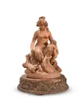 A terracotta classical group depicting a female faun playing with two cherubs by Charles Jonchery, sculpture, offered Jun 2024