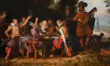 Elegant company feasting with musicians beneath an arbour by David Vinckboons, Oil on panel, sold Jun 2024