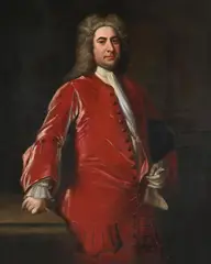 Portrait of a man in a red jacket by Jonathan Richardson, Oil on canvas laid on board, sold Jun 2024