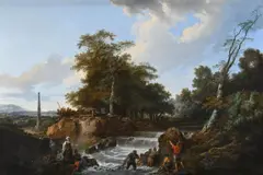 Fisherfolk laying nets by a waterfall by Jean-Baptiste Le Prince, Oil on canvas, sold Jun 2024