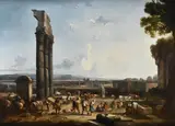 Figures dancing among ancient ruins by Thomas Barker, Oil on canvas, sold Jun 2024