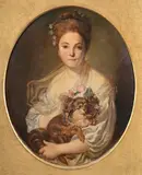Portrait of a young lady holding a dog by Marie-Félix-Hippolyte Lucas, Oil on canvas, oval, offered Jun 2024