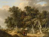 Wooded landscape with a mother and child on a track by James Stark, Oil on board, sold Jun 2024